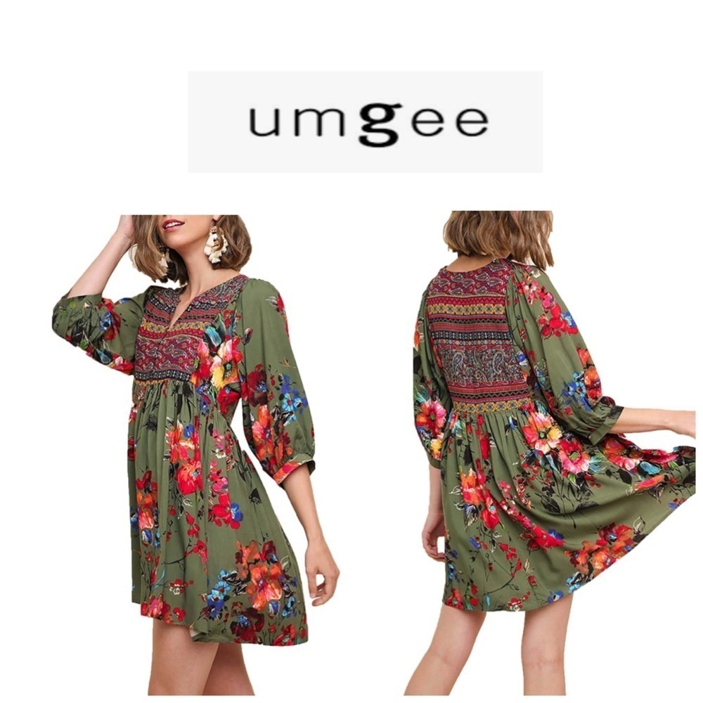 🆕Umgee Women's Olive Bohemian Multi-prints Tunic Dress S🆕